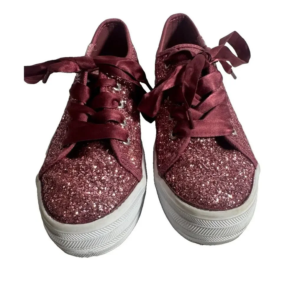 Keds Girls Pink Glitter Platform Sneakers Satin Ribbon Lace Shoes Youth Size 1